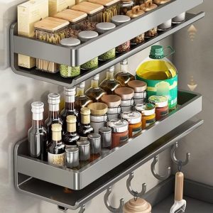 Étagère Murale de Cuisine Multifonction avec Crochets